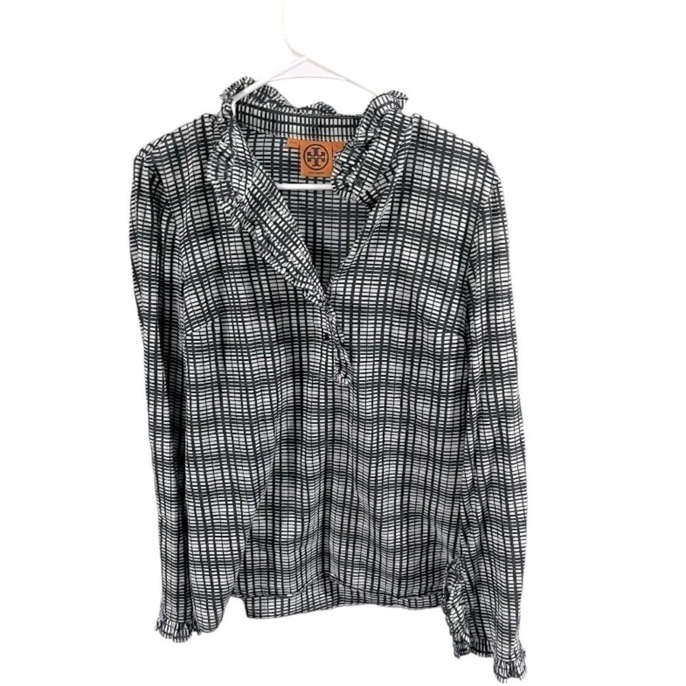 Like New! Tory Burch Deneuve black Plaid Ruffle Top Size 10